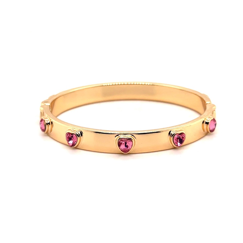 Gold Tone Pink Heart Crystal Hinged Bangle Bracelet Romantic Statement Jewelry